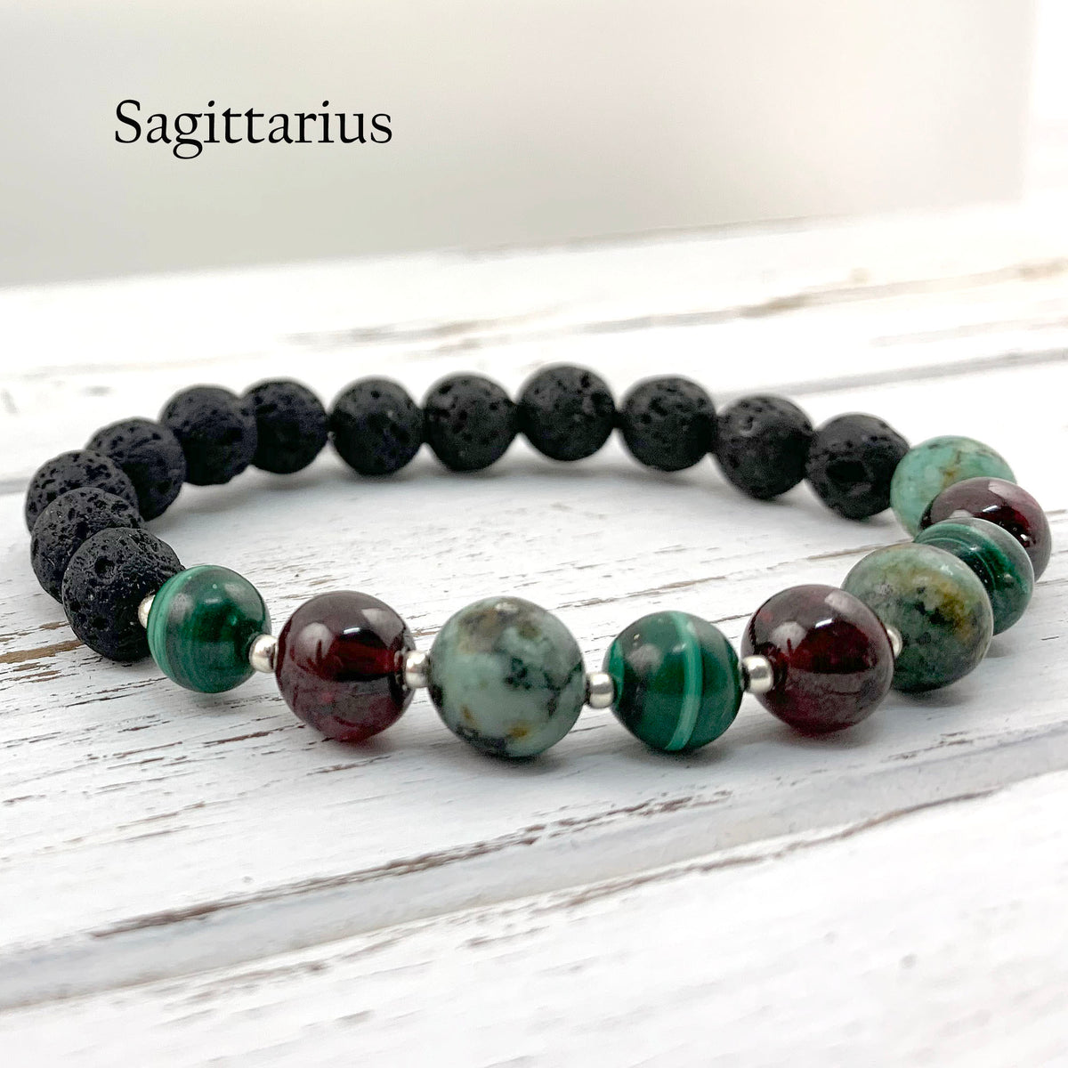 Sagittarius Zodiac Bracelet: White Gold Letter Beads with ite and  dragons vein agate stone beads