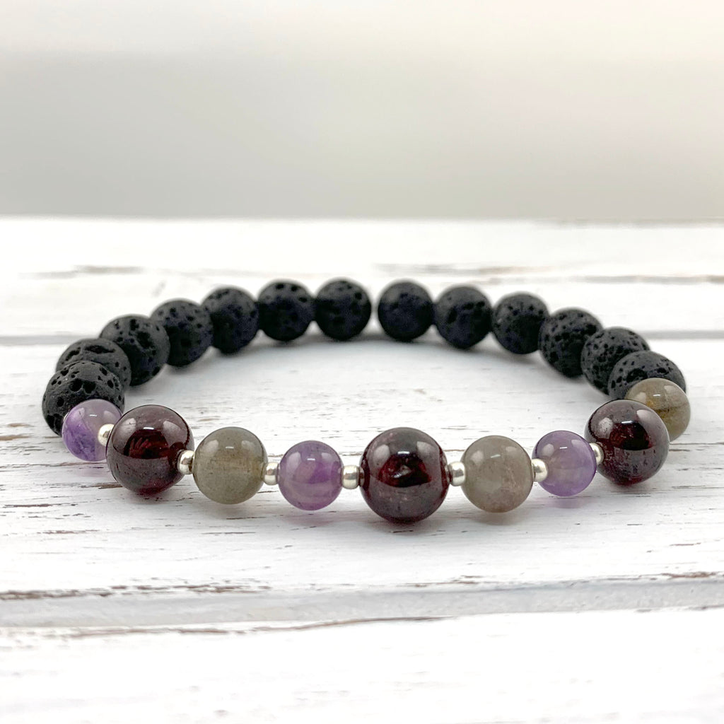 Aquarius Zodiac Natural Energy Healing Gemstone Bracelet Set // Azurite, Hematite buy & Larvikite // Stretchy Elastic Bead Bracelet